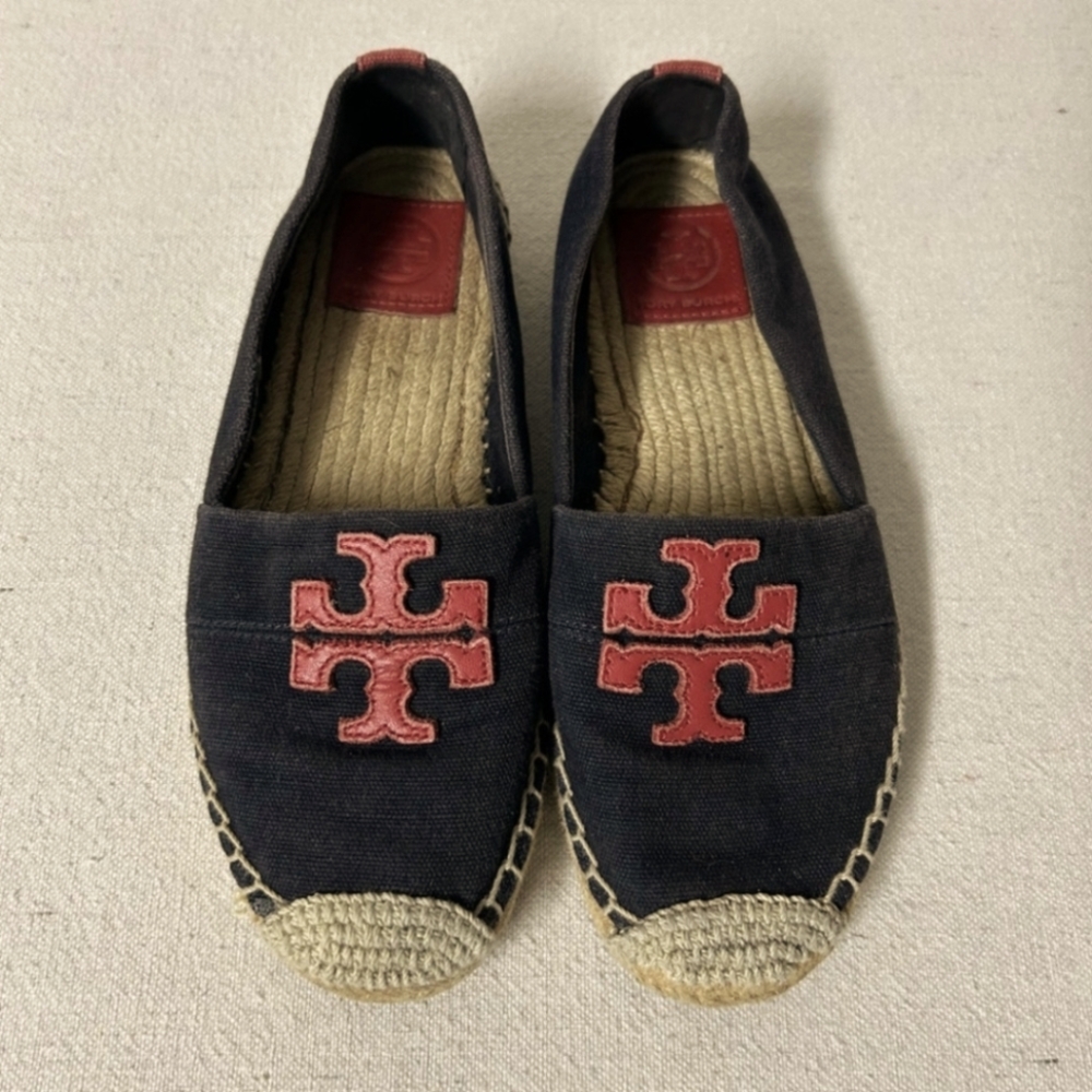 Tory Burch Weston Espadrille Women’s 6 Navy Blue Canvas Red Logo Slip On Shoes